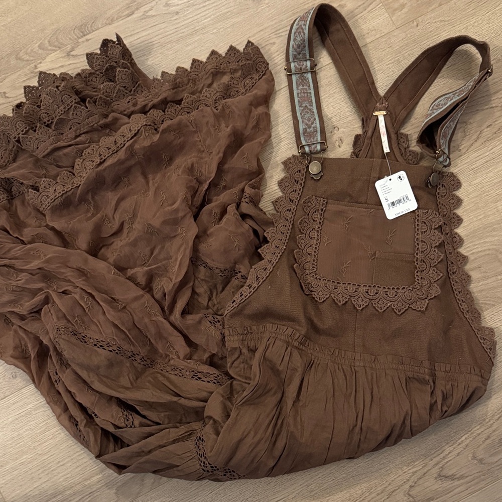 NWT Free People Trails End Maxi Skirtall Size S Brown Boho Overall Maxi Dress